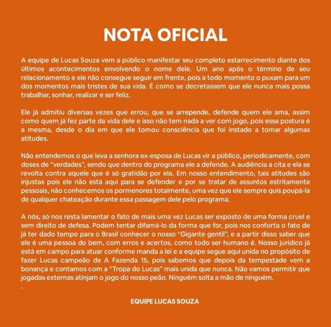Nota oficial publicada pela equipe de Lucas Souza