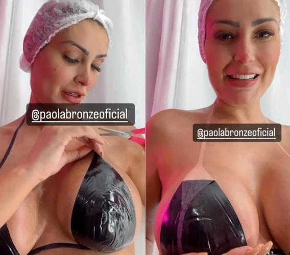 Andressa Urach corta biquíni de fita e exibe marquinha bronzeada