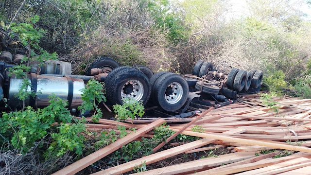 Carreta carregada com madeiras sai da pista e capota na BR-402 no litoral do Piauí