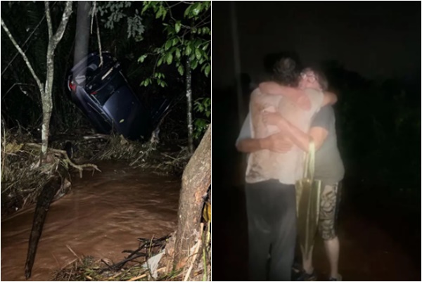 Família é resgatada dentro de carro arrastado pela correnteza