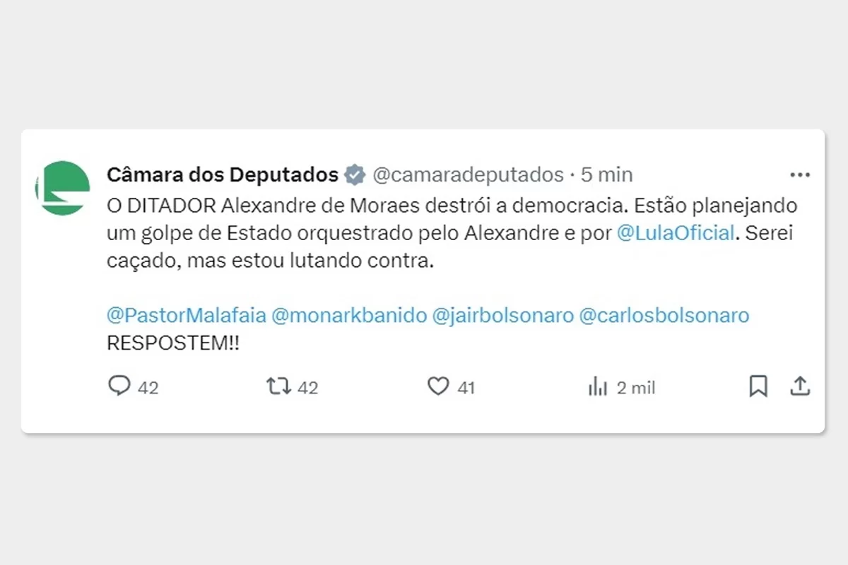 Perfil da Câmara publica ataque contra Moraes no Twitter: “Ditador”