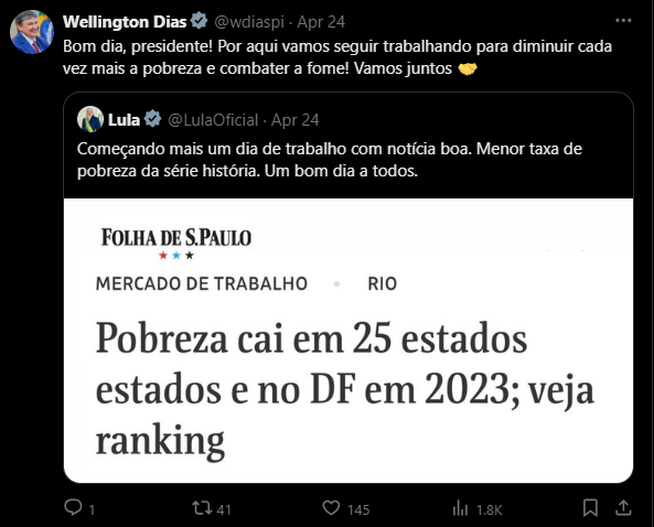 Repostagem e comentário atribuído de W. Dias após comemoração de Lula