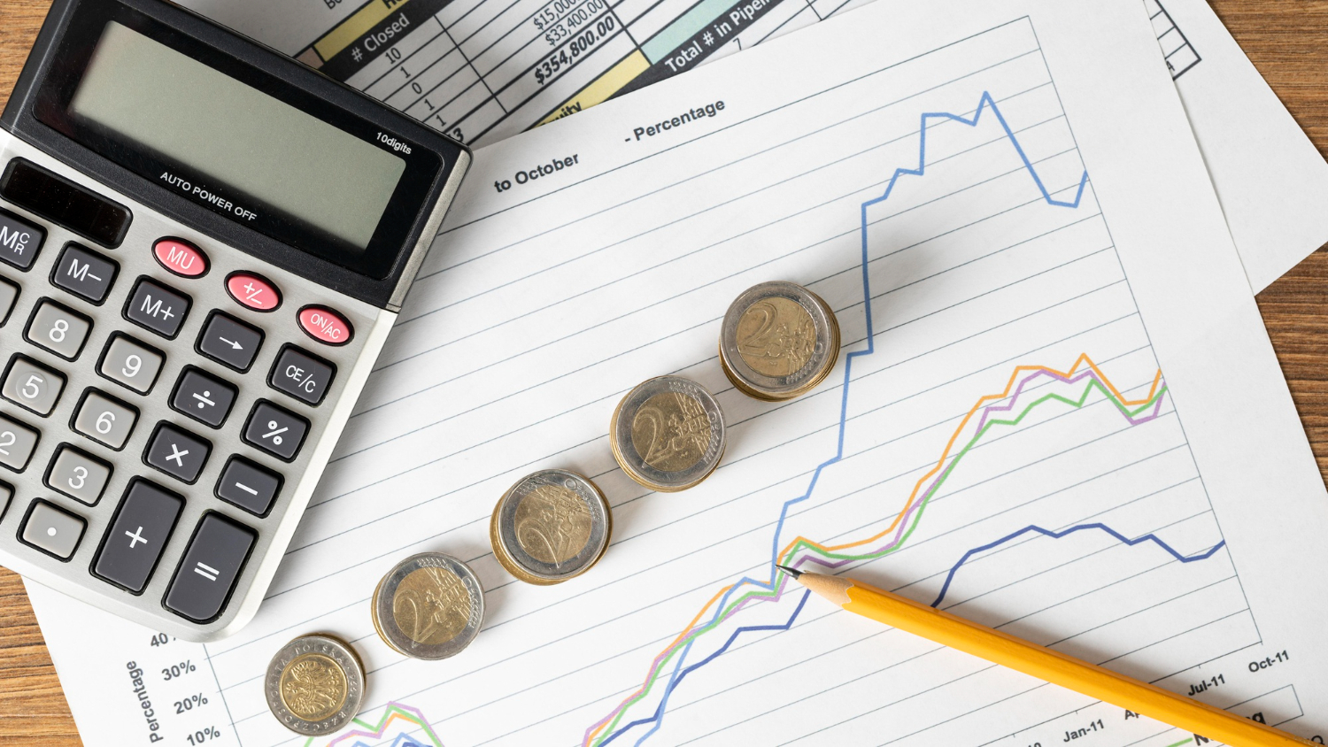 Economia, ilustração, dinheiro, dados, calculadora