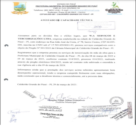_Atestado de capacidade fornecido pelo prefeito a empresa suspeita. Documento atesta os bons serviços W