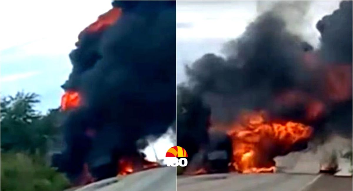 Carreta carregada com combustível pega fogo na divisa do Piauí com o Ceará