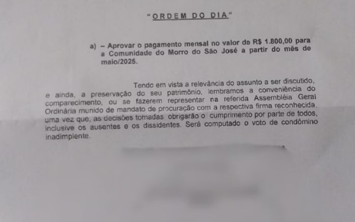 Síndico convoca reunião de condomínio para aprovar “boleto do tráfico”