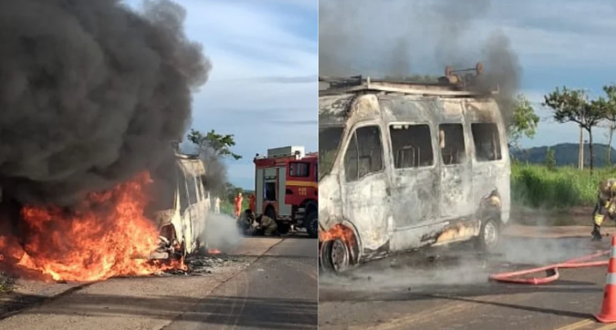 Van pega fogo na DF-130 e mobiliza bombeiros