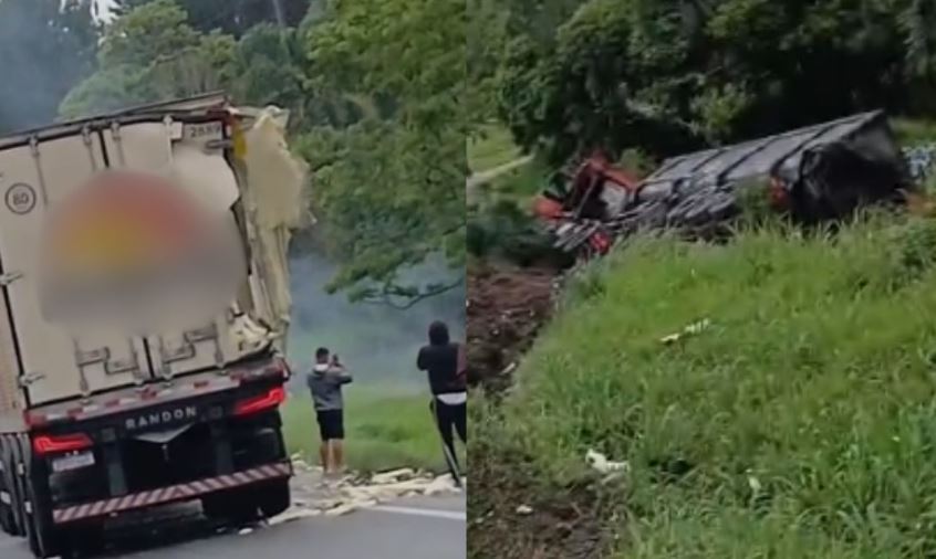 Acidente entre duas carretas e dois carros interdita parcialmente a BR-116 após veículo tombar em barranco