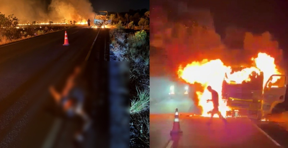 Colisão entre moto e caminhão-guincho provoca incêndio e deixa motociclista morto na PI-113