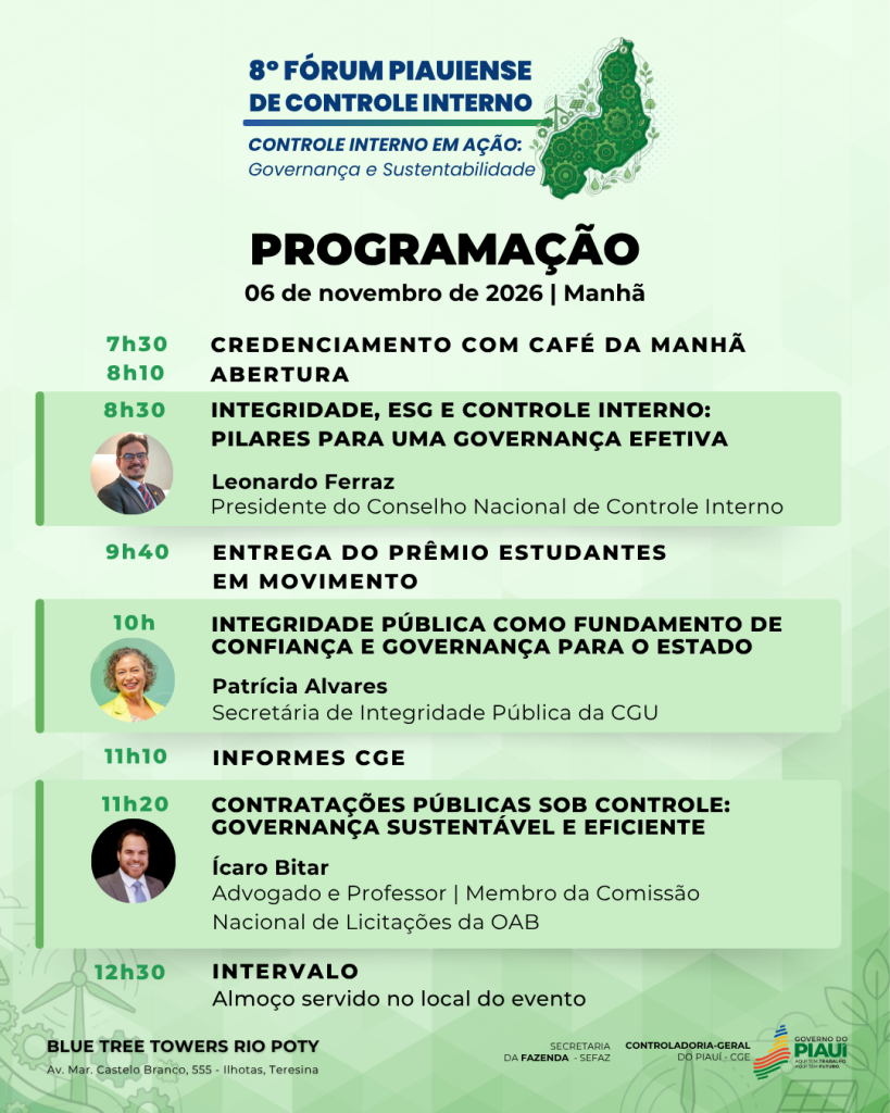 Fórum Piauiense de Controle Interno reunirá especialistas para debater governança e sustentabilidade na gestão pública