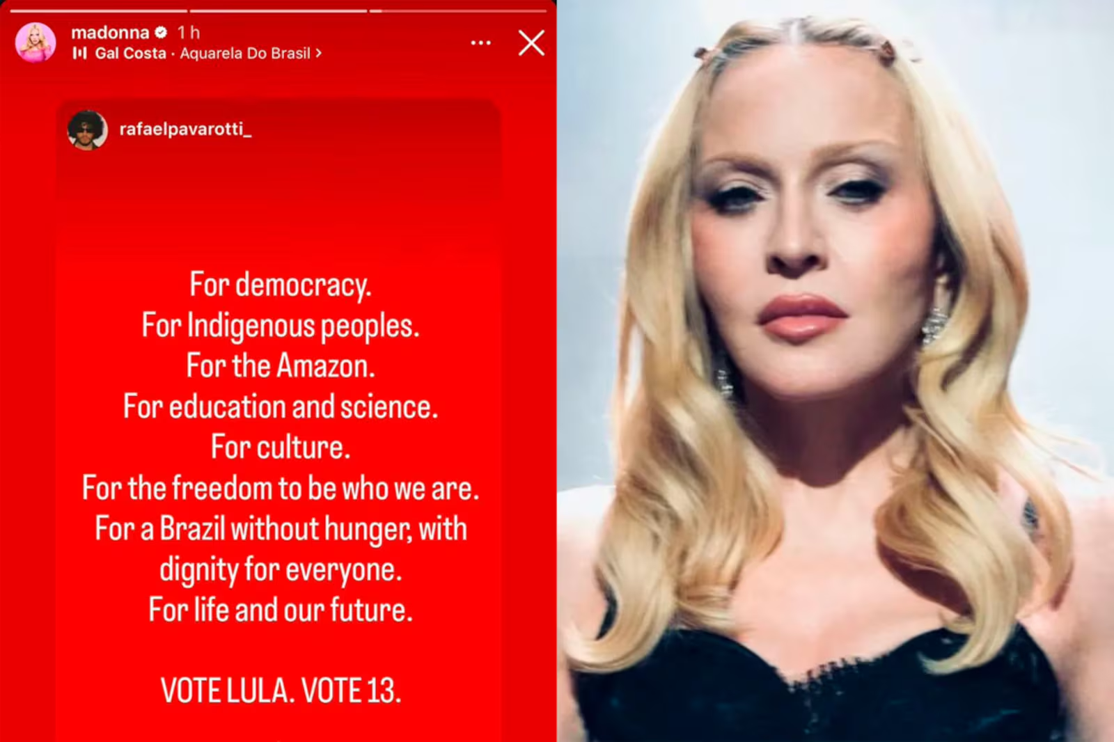 Madonna compartilha post no Instagram pedindo voto para Lula