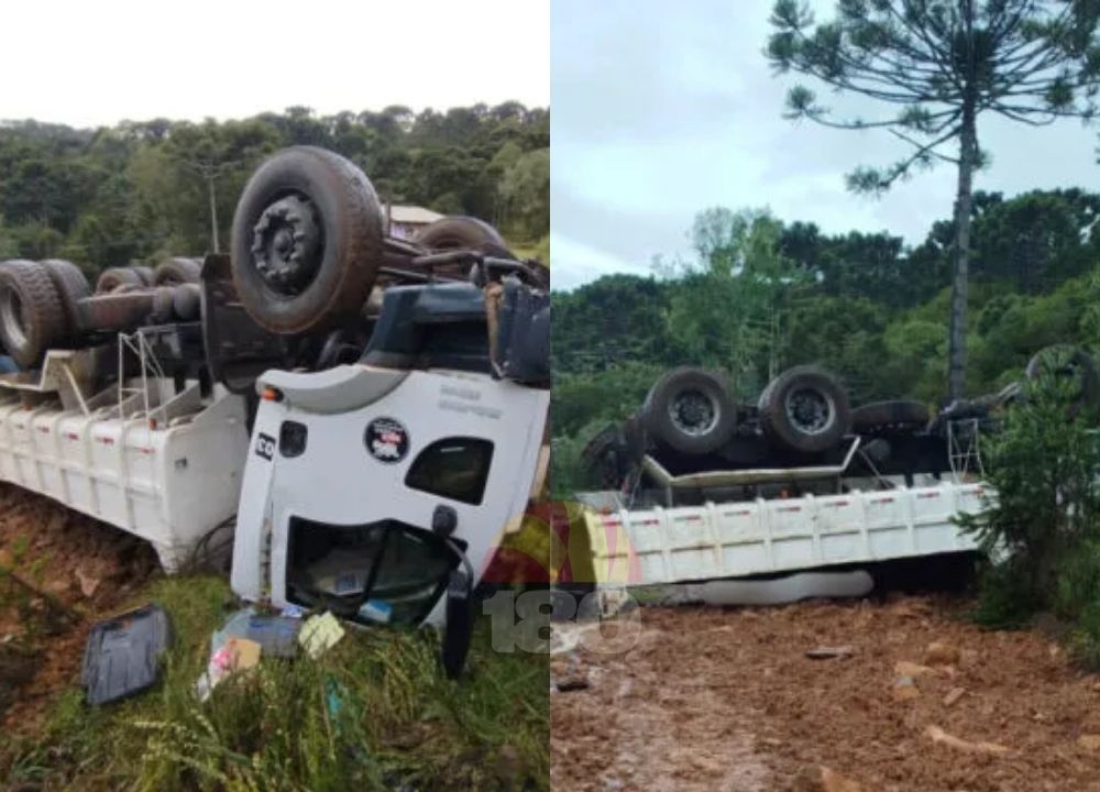Passageiro morre após caminhão tombar e parar com rodas para o alto em estrada de chão em SC