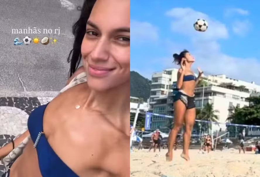 Alane Dias mostra talento em esporte durante passeio na praia