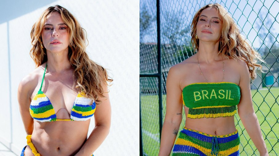 Paolla Oliveira posa de biquíni em clima de Copa do Mundo.