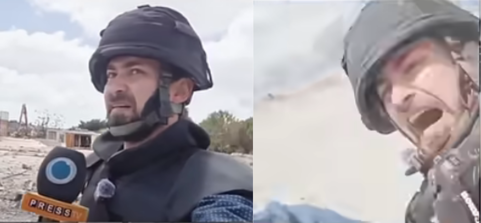 Repórter filma momento em que é atingido por drone de Israel no Líbano.