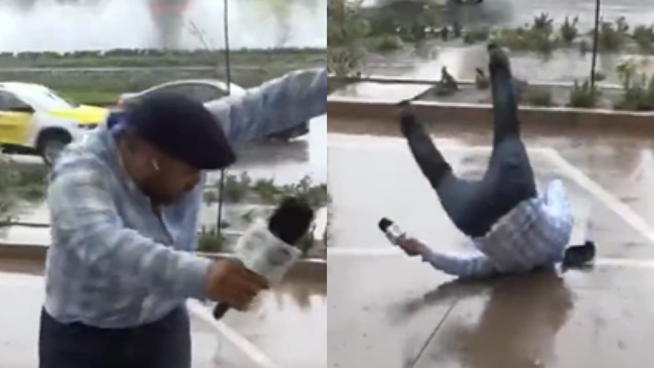 Repórter leva tombo ao vivo em chuva no México; vídeo