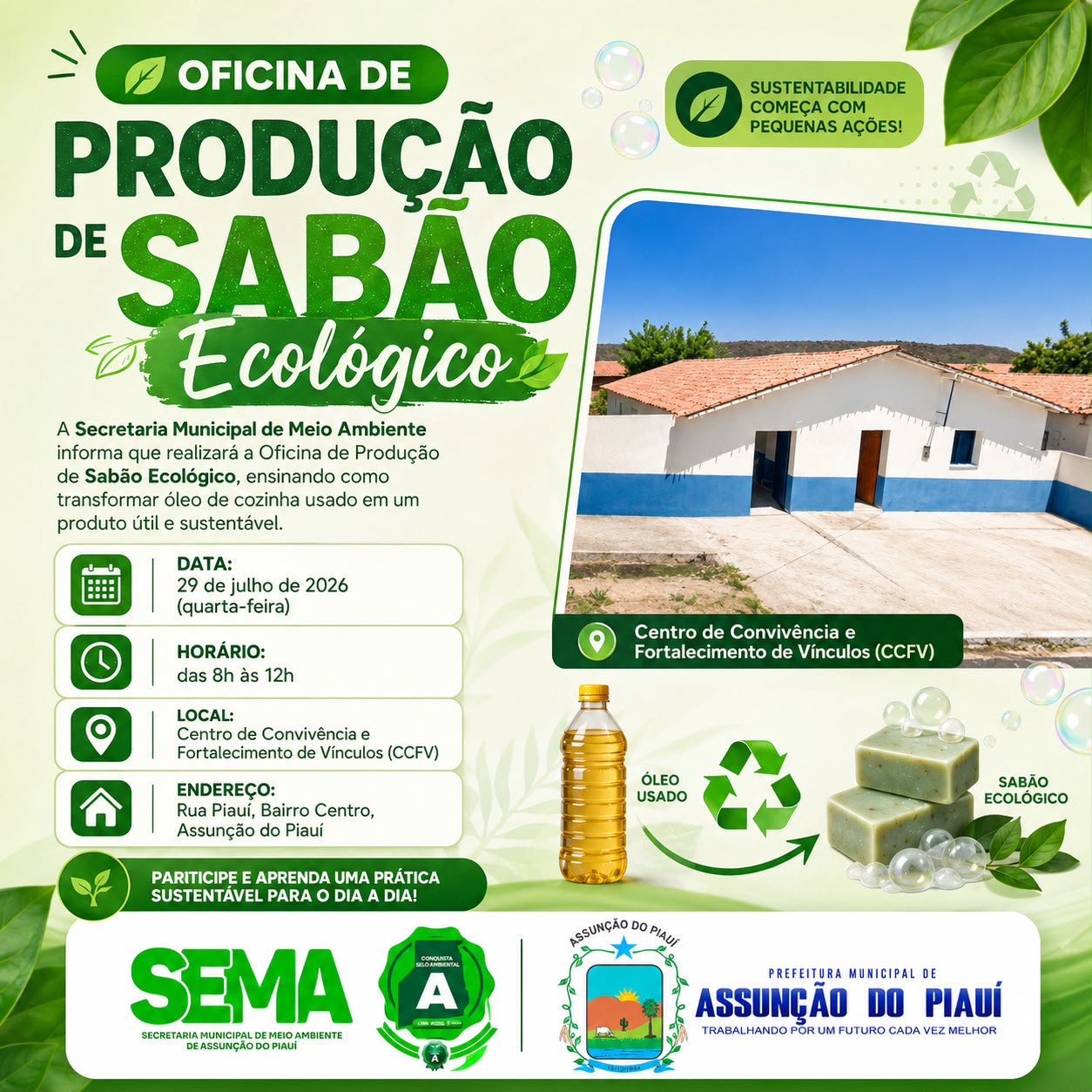 Assunção do Piauí oferece oficina gratuita de sabão ecológico nesta quarta (29)