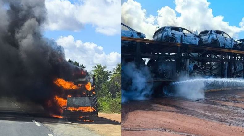 Cegonha pega fogo e destrói 11 carros elétricos na BR-101 em Alagoinhas