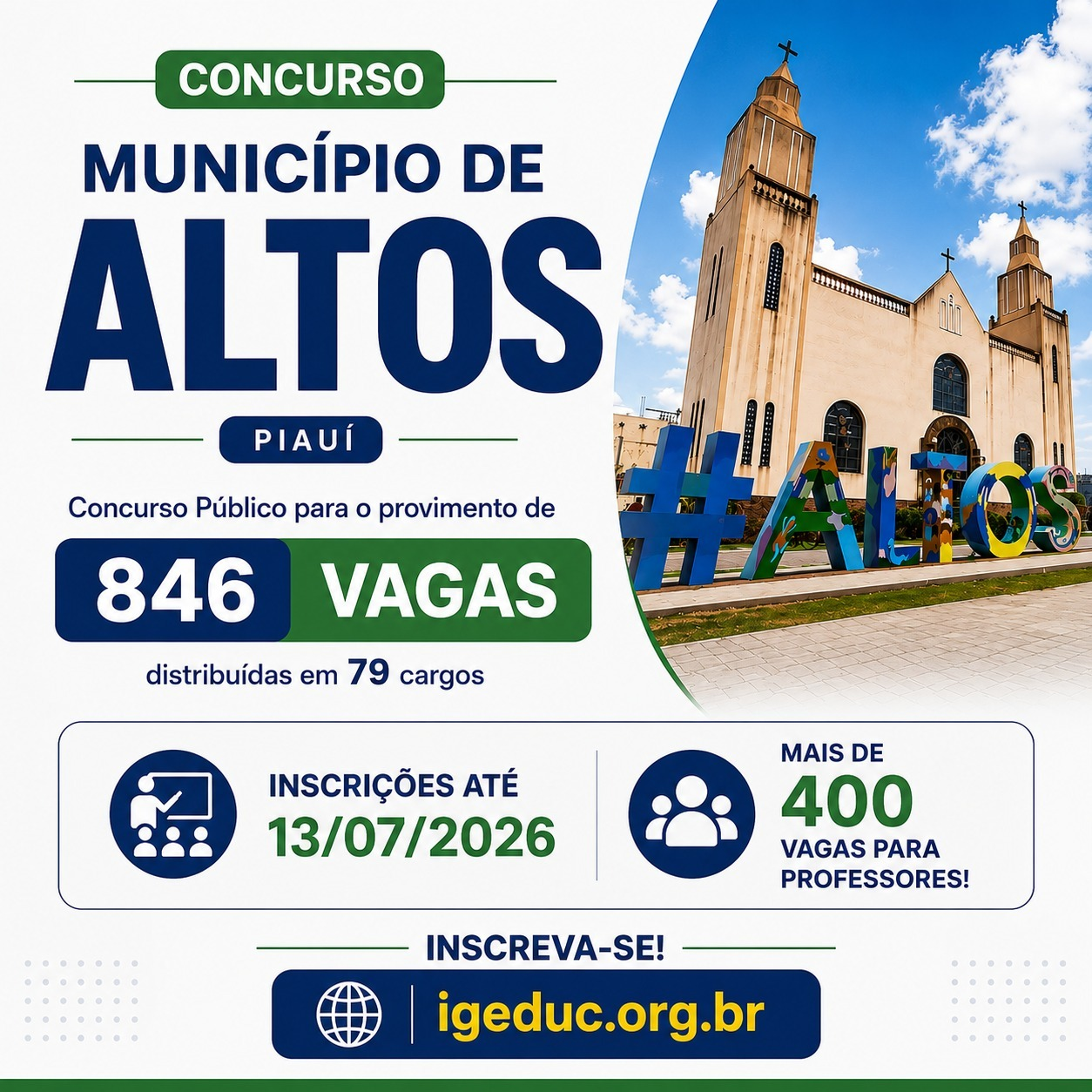 Prefeitura de Altos abre concurso público com 846 vagas em 79 cargos