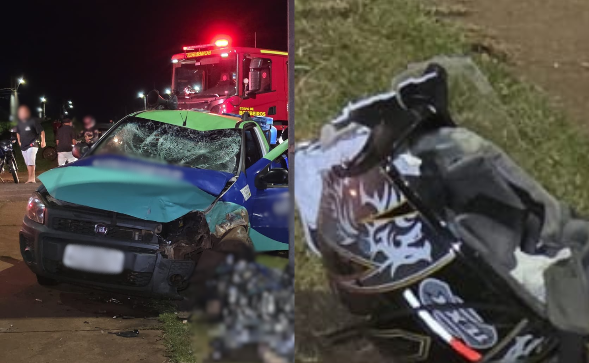 Acidente violento entre carro e moto mata casal e deixa veículo destruído em avenida de Maringá