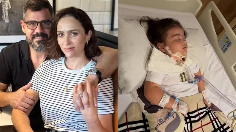 Aos 4 anos e com doença rara, filha de Juliano Cazarré é internada em UTI e esposa do ator faz apelo