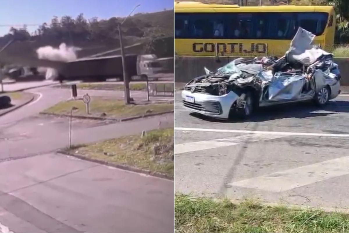 Caminhão atinge passarela, que desaba sobre veículos e deixa dois mortos