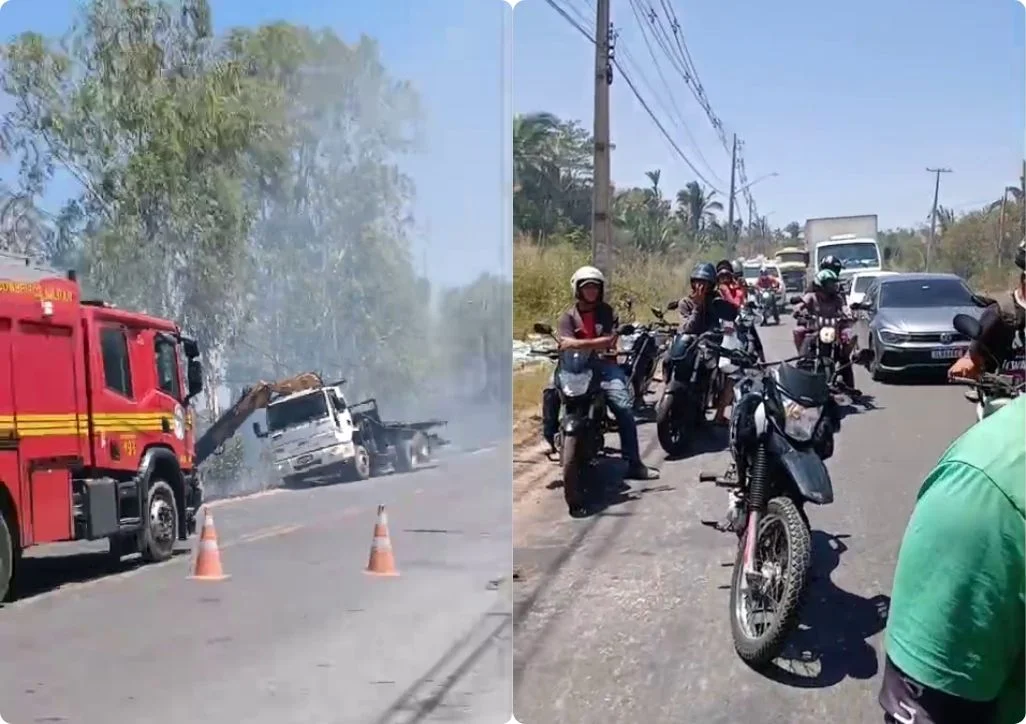 Caminhão atinge poste, derruba fiação e provoca incêndio na zona Leste de Teresina