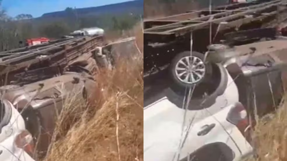 Caminhão-cegonha com 12 veículos tomba na BR-135 e deixa motorista ferido no PI
