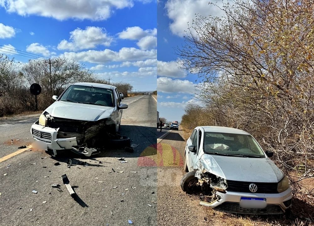 Colisão entre dois carros deixa veículos danificados na BR-407, em Jaicós