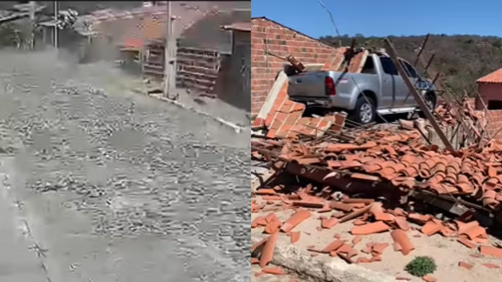 Ventania derruba cobertura de lava-jato sobre caminhonete em Pimenteiras