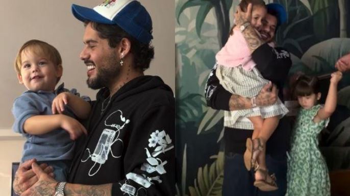 Virginia leva filhos para presentear Zé Felipe em casa