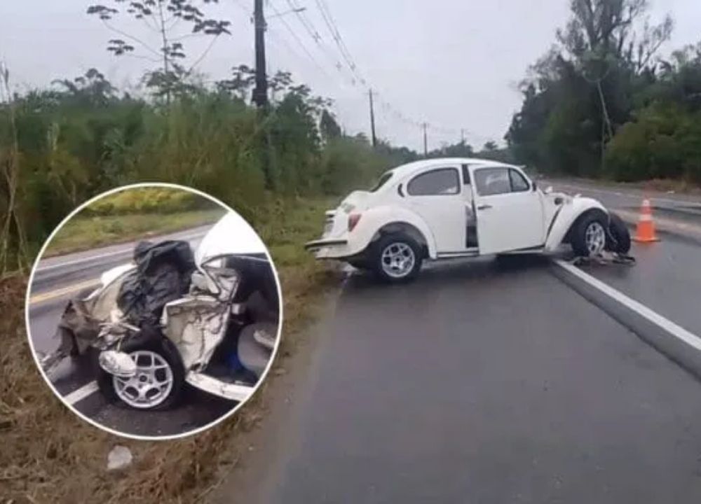 Acidente deixa fusca destruído e motorista morre após batida contra caminhão na SC-108