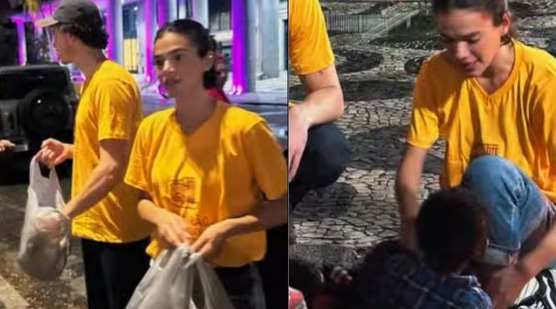 Bruna Marquezine e Shawn Mendes ajudam a distribuir mais de 3 mil quentinhas no Rio