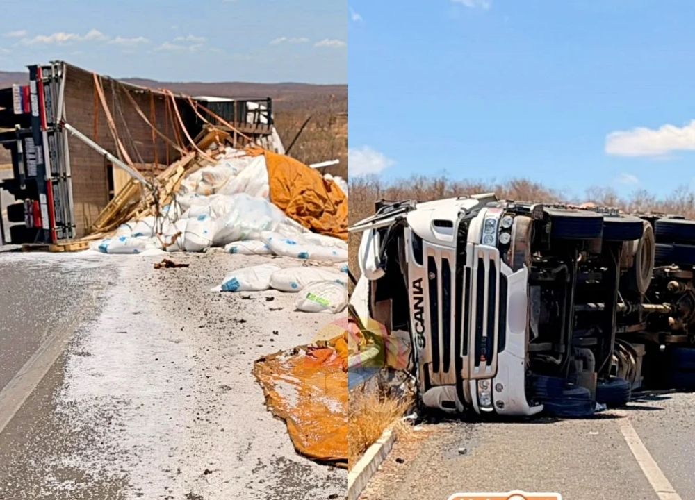 Caminhão tomba e espalha carga na Ladeira do “S” na BR-316 em Marcolândia