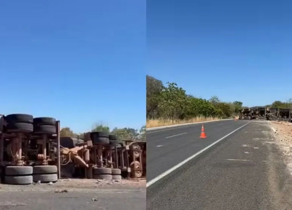 Carreta tomba e interdita trecho da BR-135 no Sul do Piauí