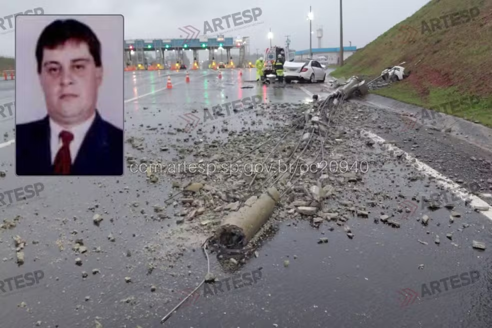 Empresário morre após perder controle do carro e bater contra poste durante chuva no interior de SP