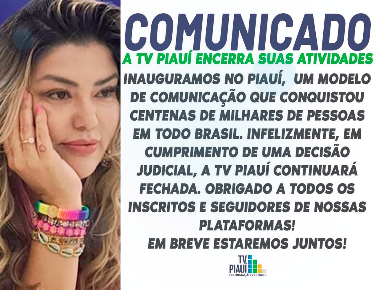 Samantha Cavalca divulga encerramento das atividades da TV Piauí