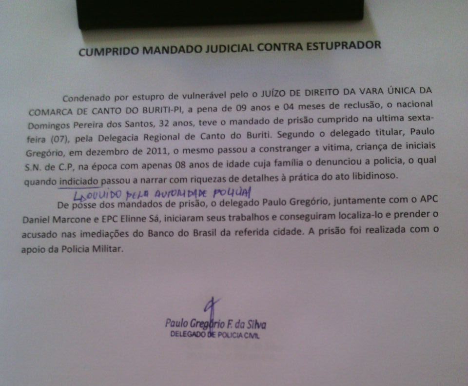 Recebido O Mandado Pelo Oficial De Justiça Para Cumprimento