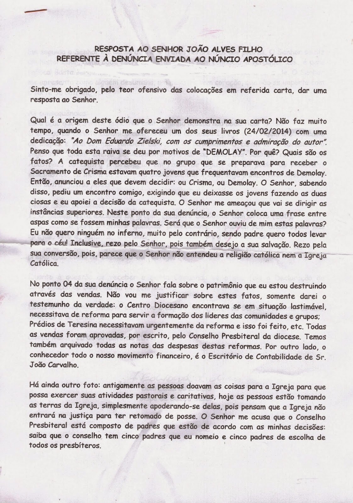 Gera repercussão carta enviada ao papa pedindo a saída do Bispo de