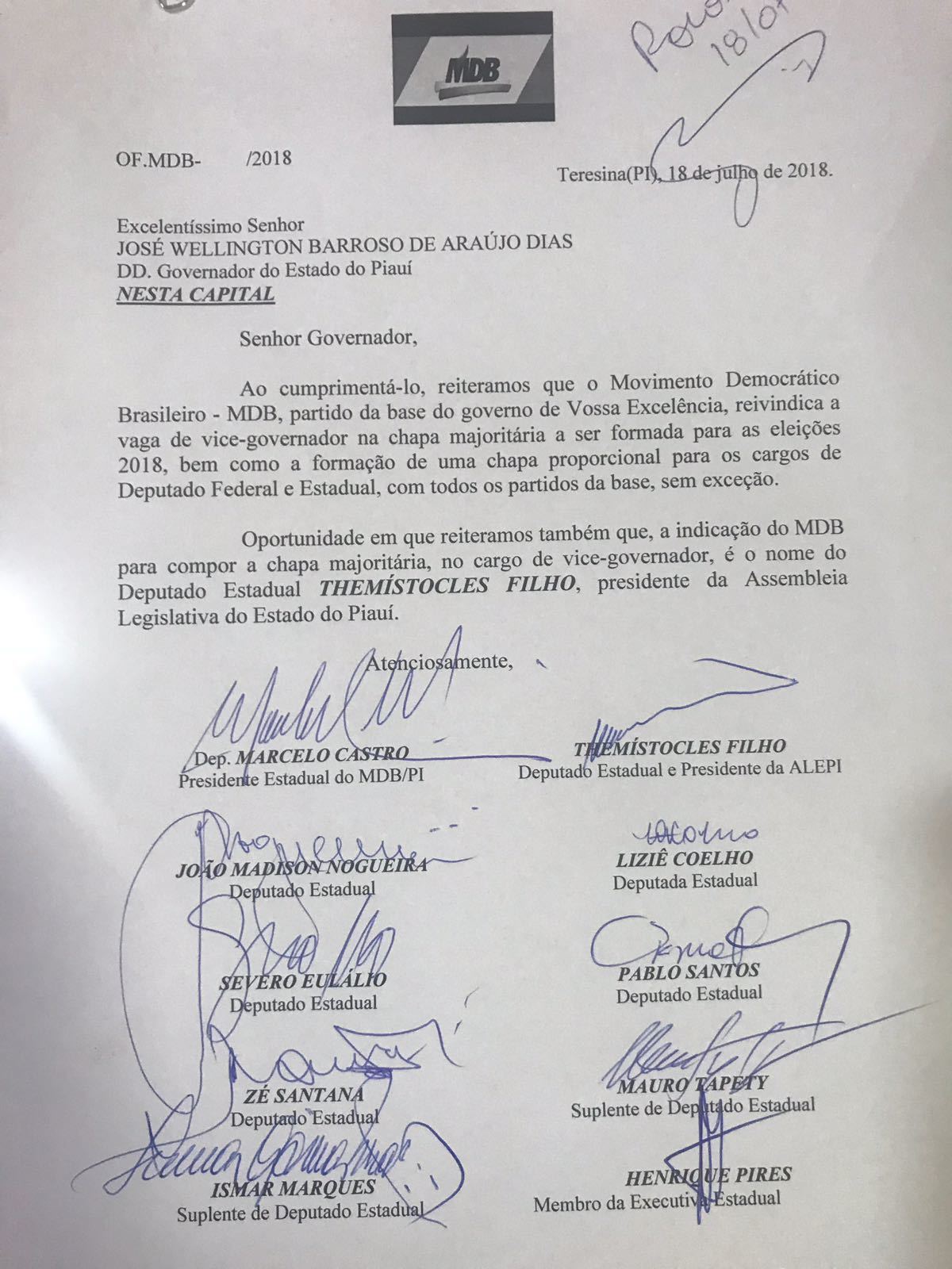 Imagem da carta entregue pelo MDB a W.Dias, cujo registro foi compartilhado no grupo Xico Prime