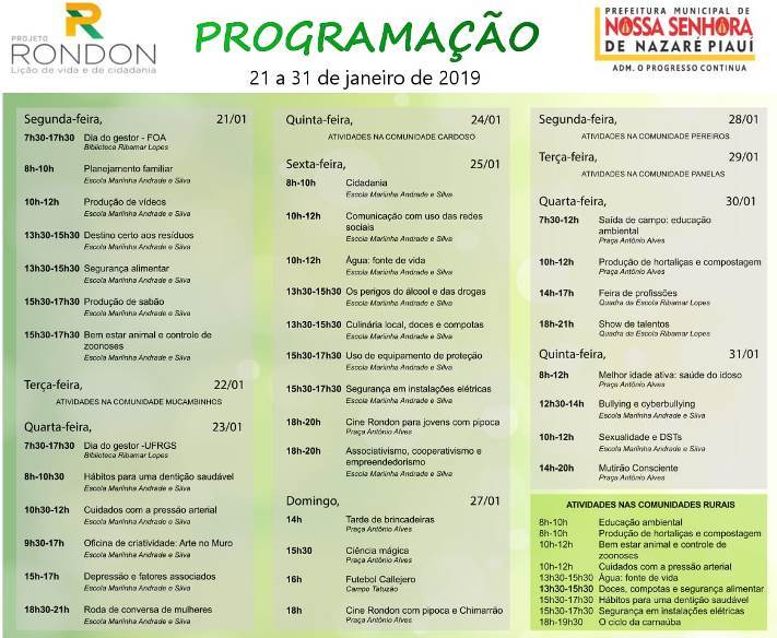 CONFIRA A PROGRAMAÇÃO DO PROJETO RONDON NOS DIAS 23 E 24 DE JANEIRO -  Prefeitura Municipal de Valparaíso de Goiás