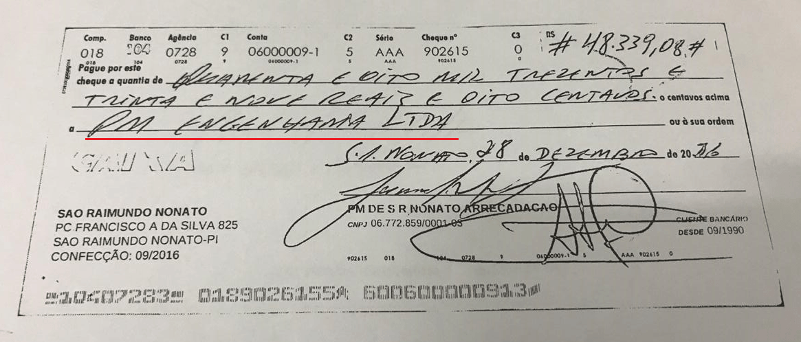 Cheque nominal no valor de