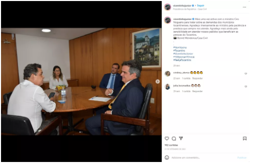 _Imagem de reunião entre Ciro Nogueira e pastor divulgada no perfil do Instagram do deputado Vicentinho Júnior (PP/TO)/ Foto: Divulgaçã