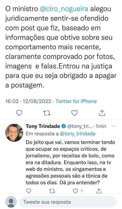 Twiite de Tony Trindade comparando atitude do ministro Ciro Nogueira à censura da ditadura
