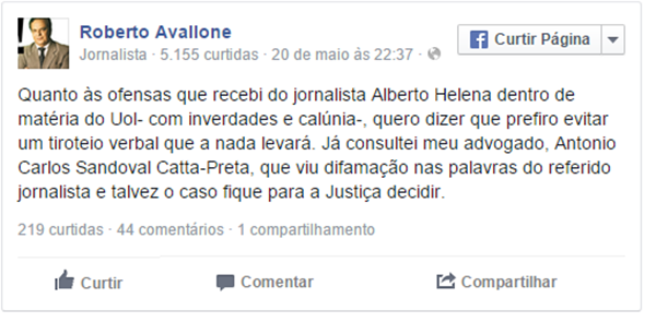 Roberto Avallone ameaça Helena Jr. de processo após 